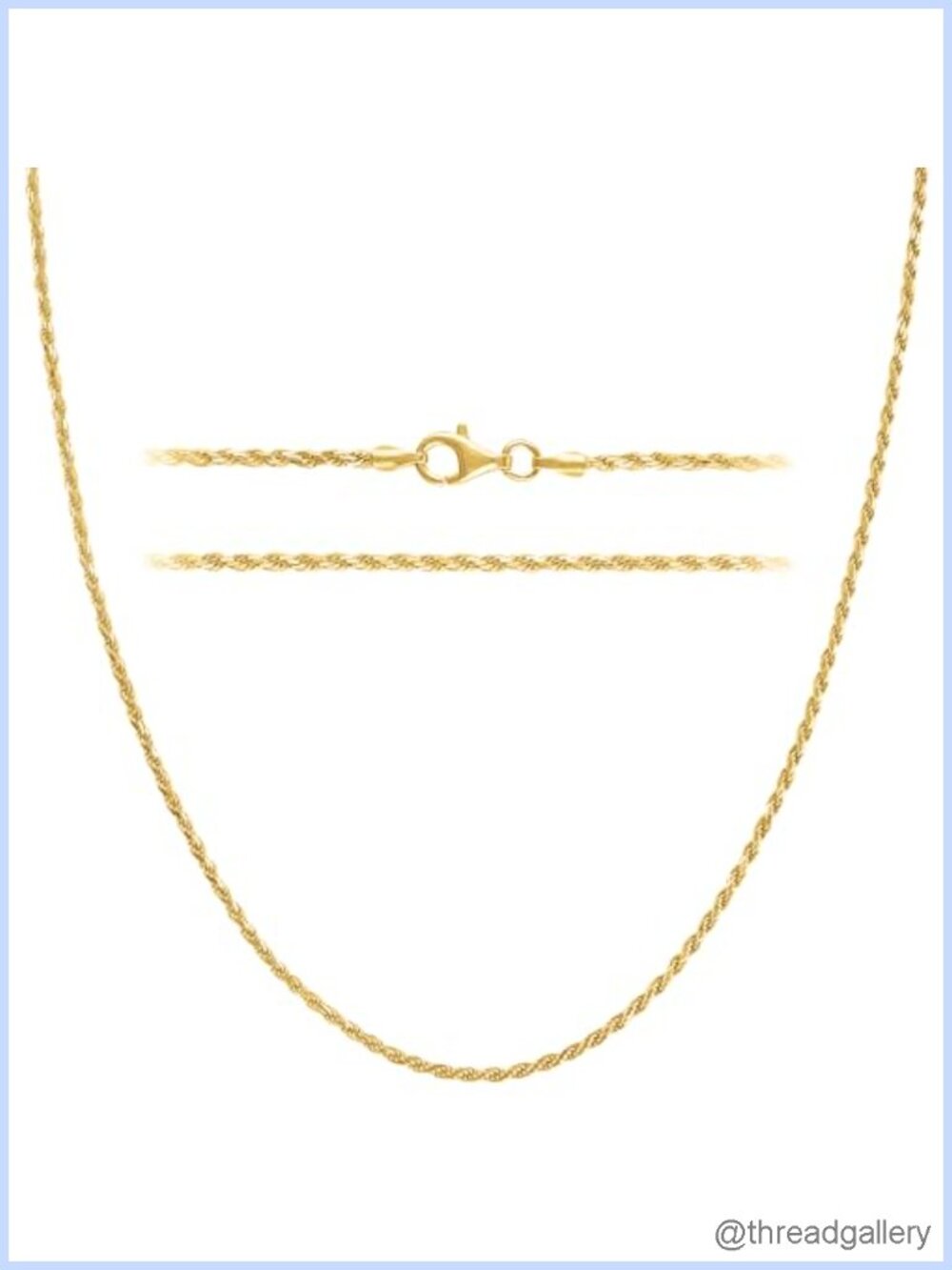 KISPER Gold Plated Rope Chain Necklace 925 Sterling Silver 1.5mm